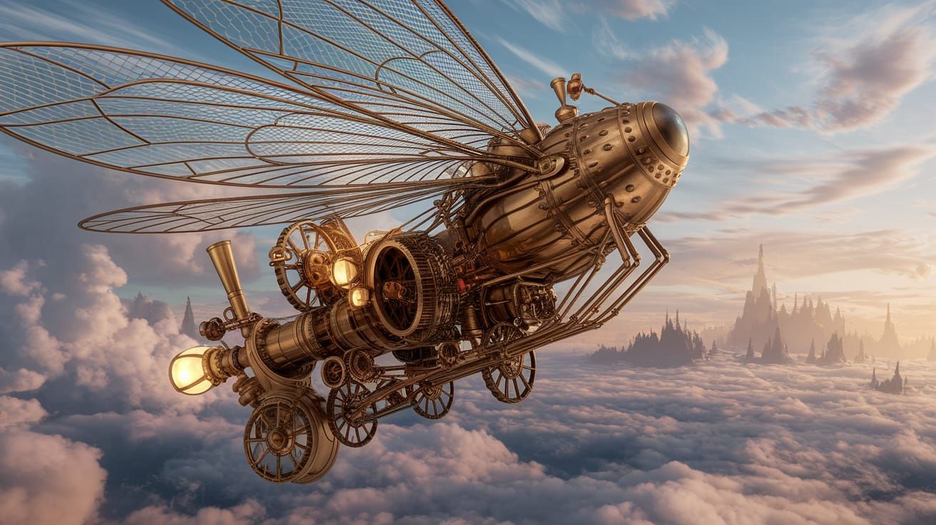 Steampunk Dragonfly Airship Soaring Through Fantasy Skies