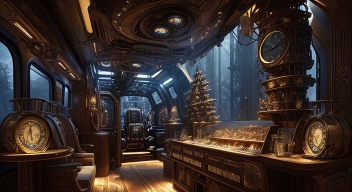 Steampunk Tree-Woman with Clockwork Snowman in Spaceship