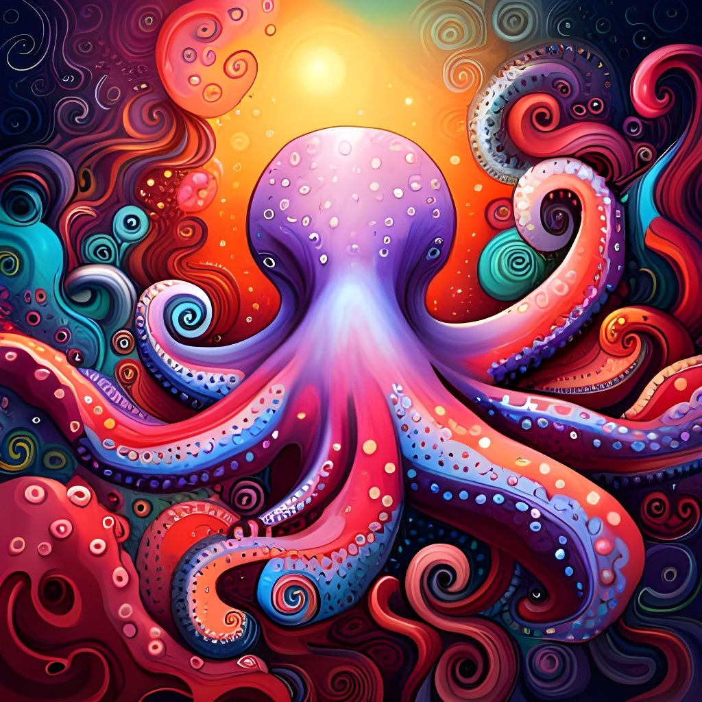 Octopus Soaring Among Stars in Graffiti Art