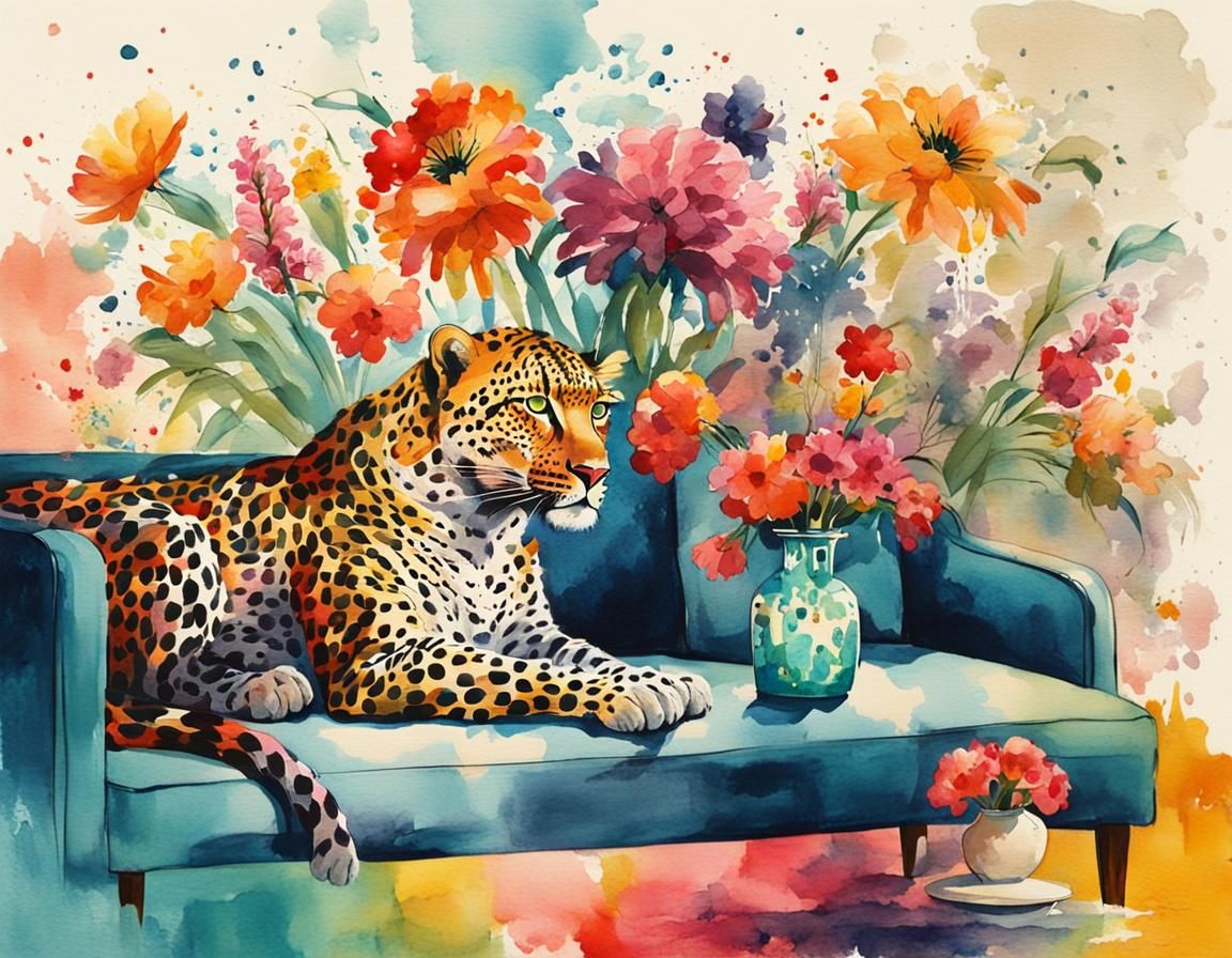Leopard on Couch with Flowers in Art Deco Style