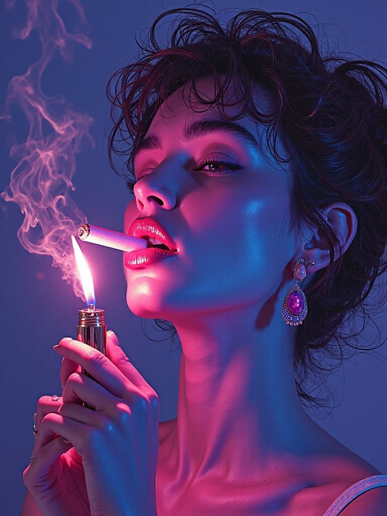 Neon Artwork of Woman Lighting Cigarette in Moebius Style