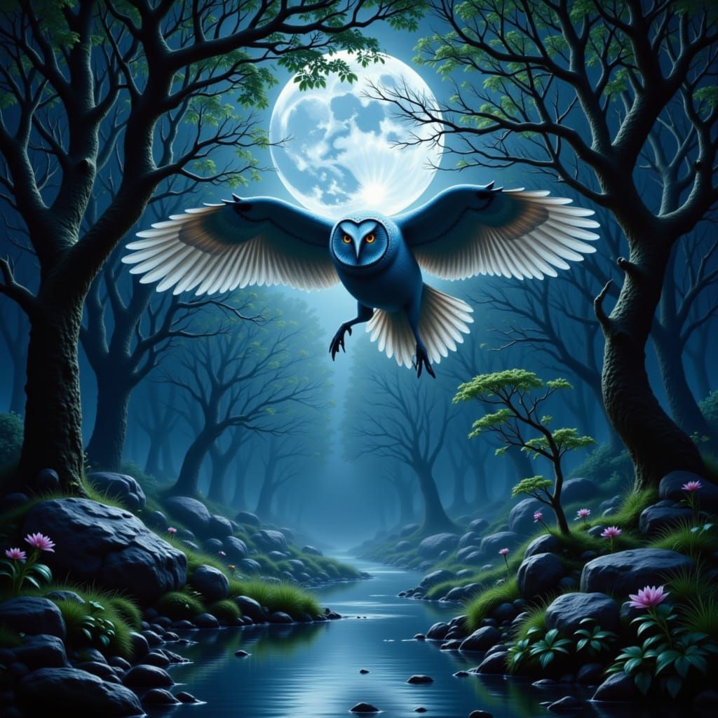 An owl in a forest at night