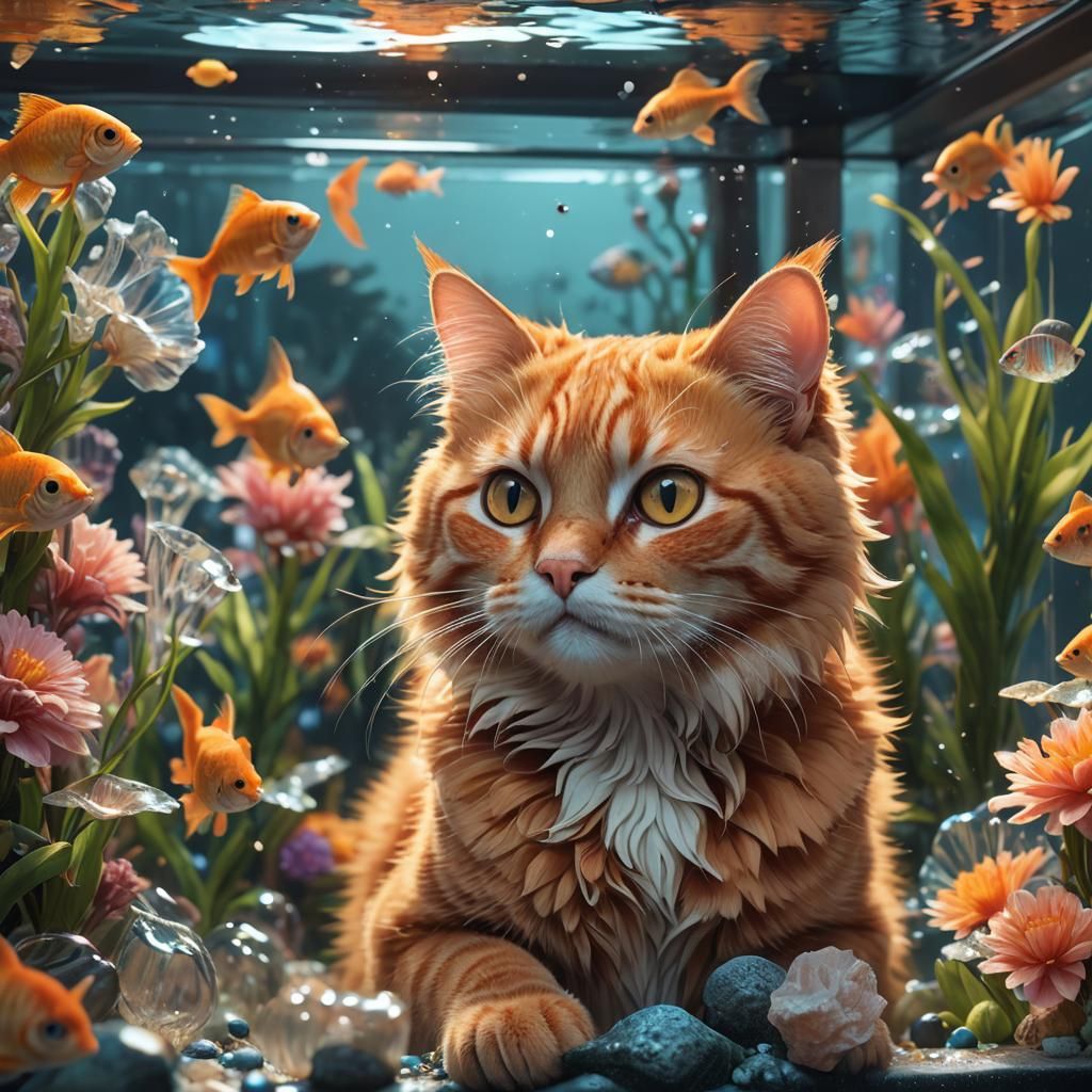 Orange Cat in Fish Tank: Hyperdetailed Digital Art