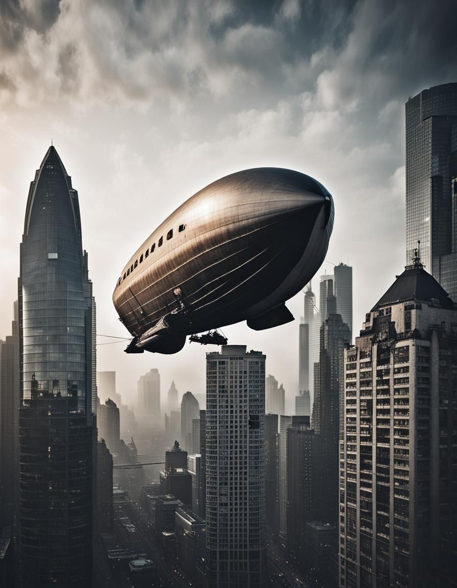 Airship Over Metropolis: Hyperrealistic Photography