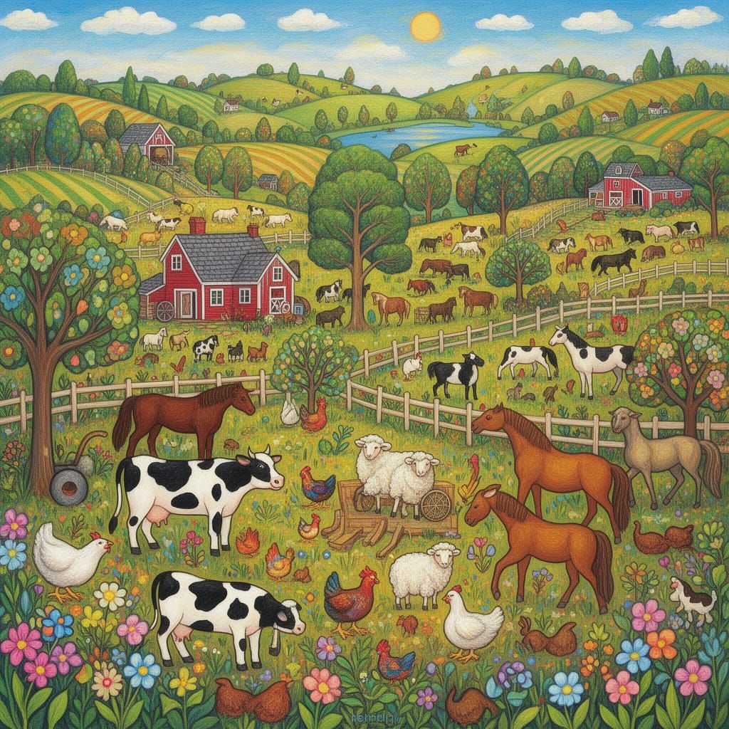 Vibrant Naive Art Farm Scene with Animals and Objects