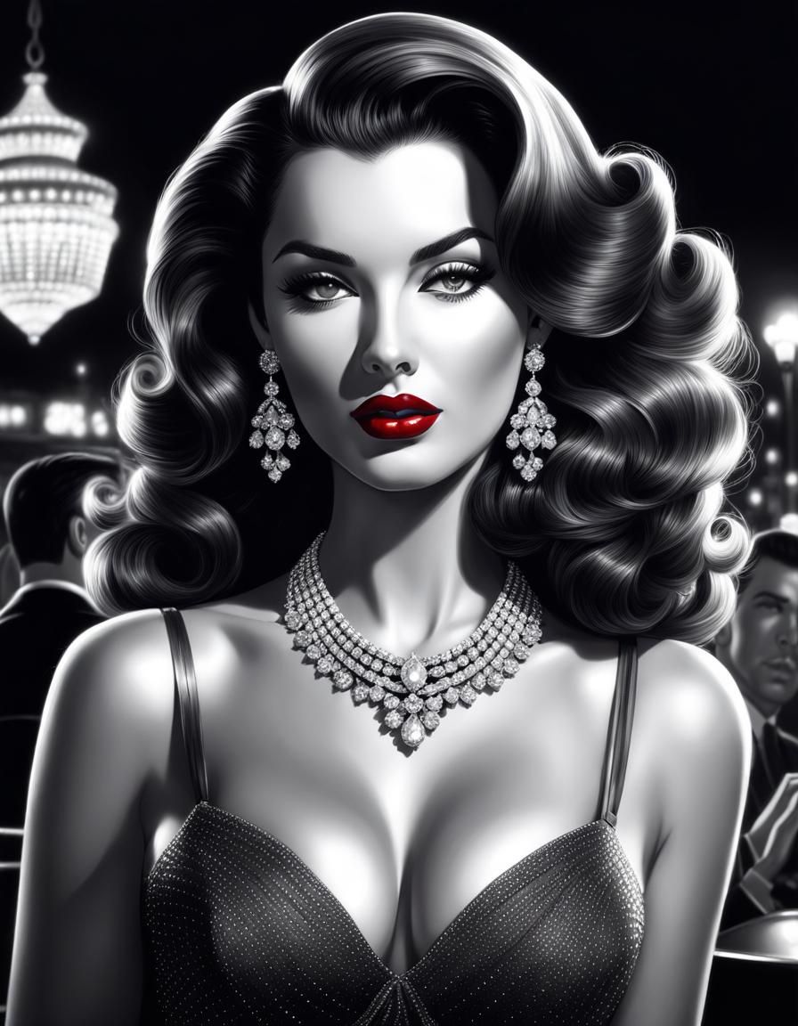 Glamorous 50s Society Girl in Graphite Drawing