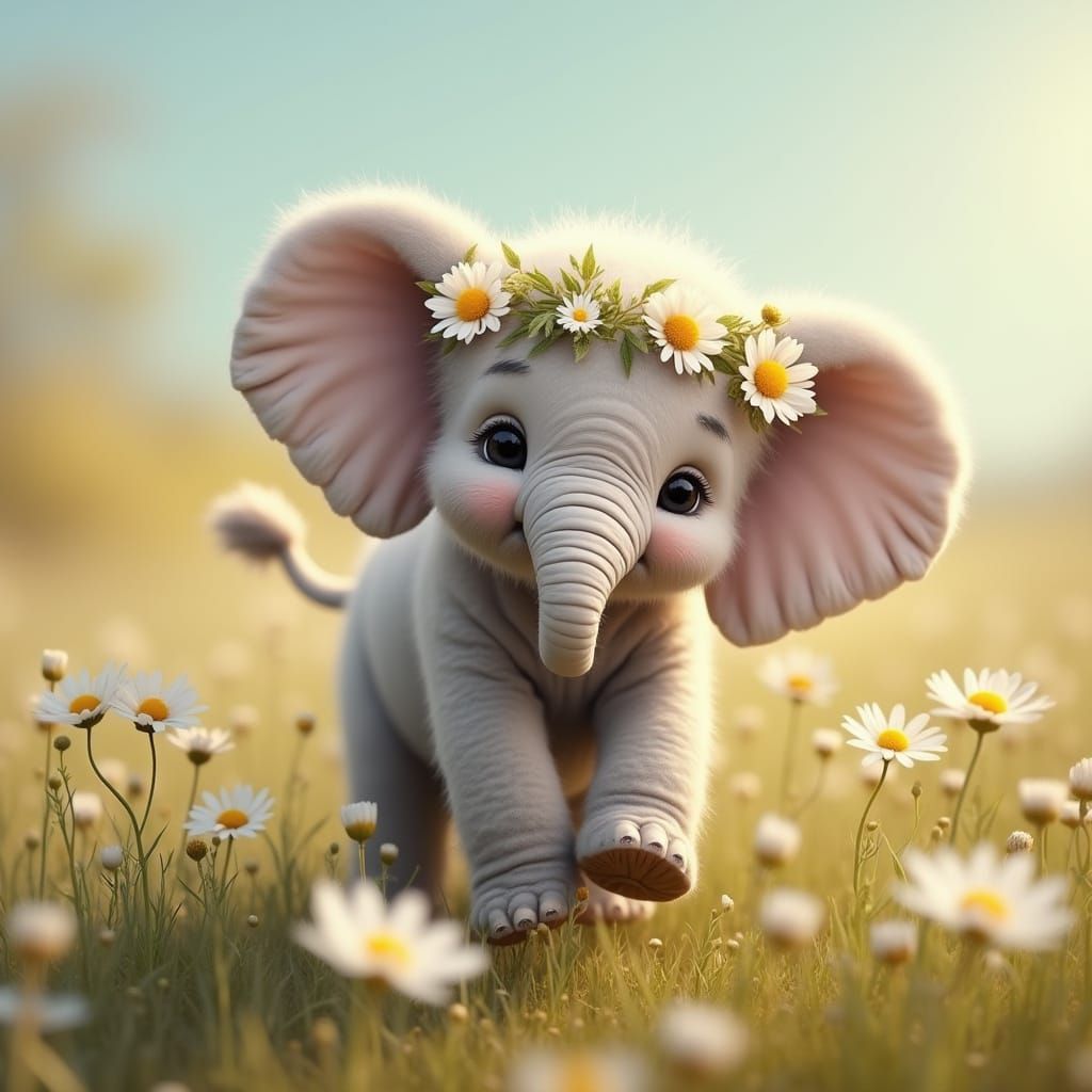Fluffy Elephant with Floral Crown in Hyperrealistic Style
