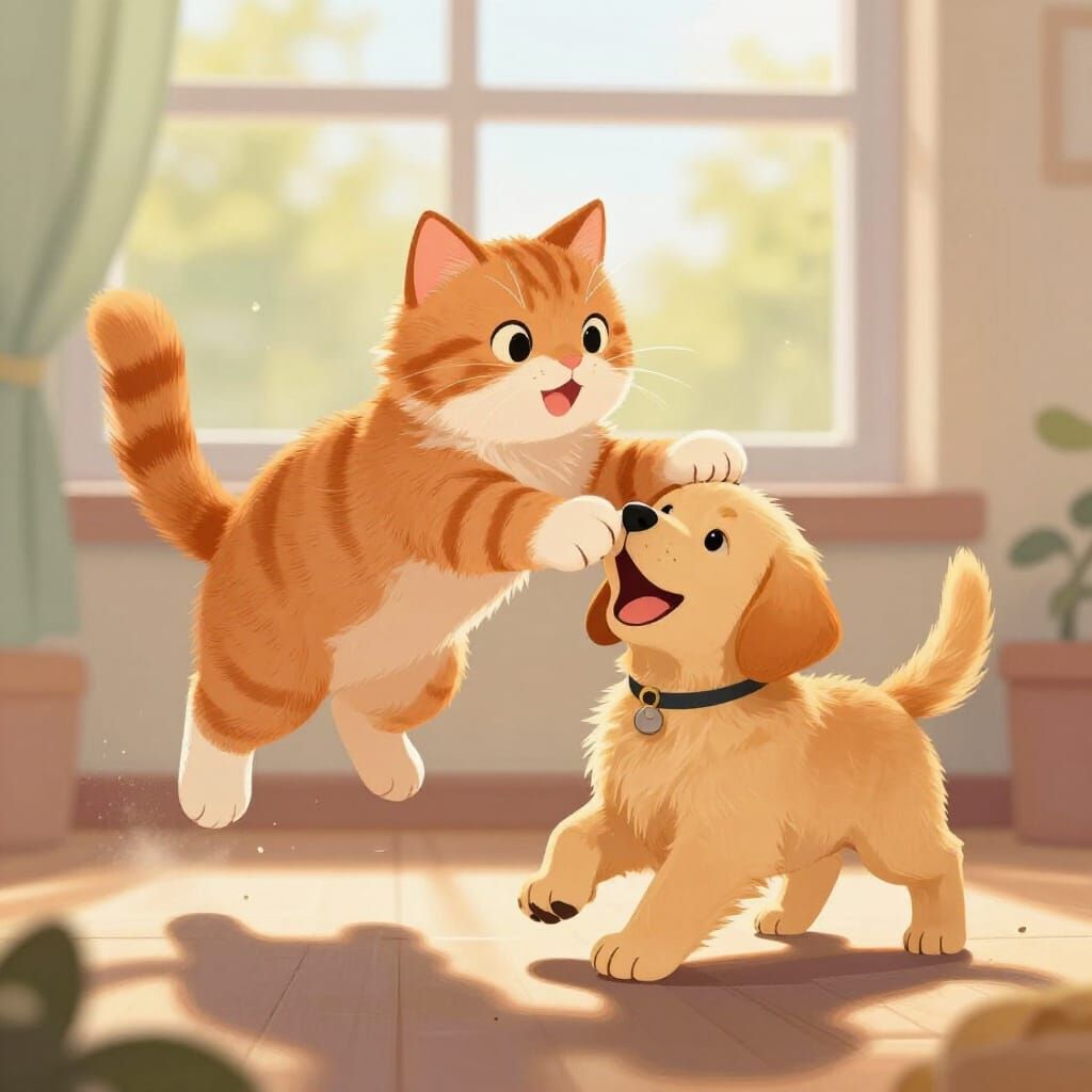 Fluffy Cat and Puppy Play in Warm Sunlight
