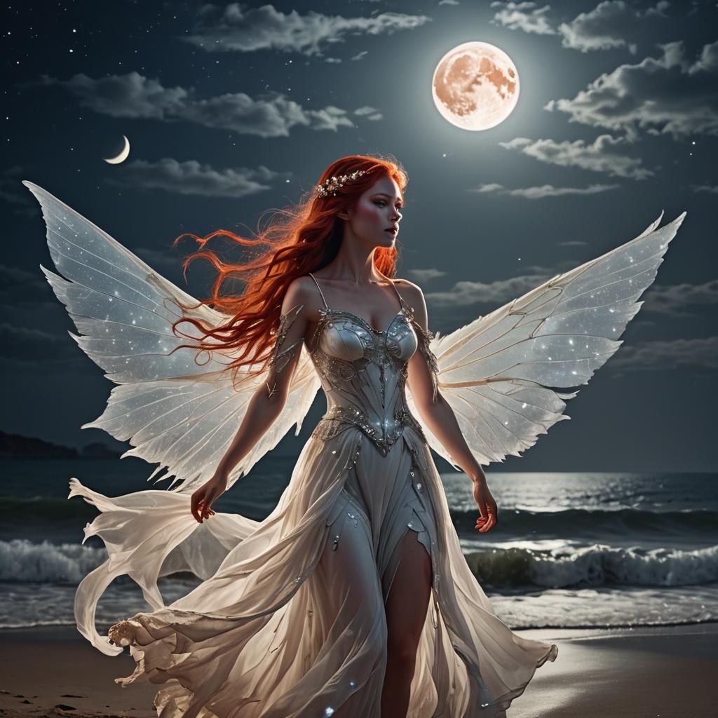 Moon Fairy on Beach at Midnight in Digital Painting