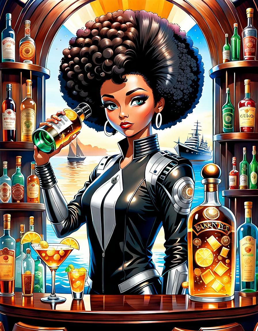 Cyborg Bartender Movie Poster in Fantasy Art Style