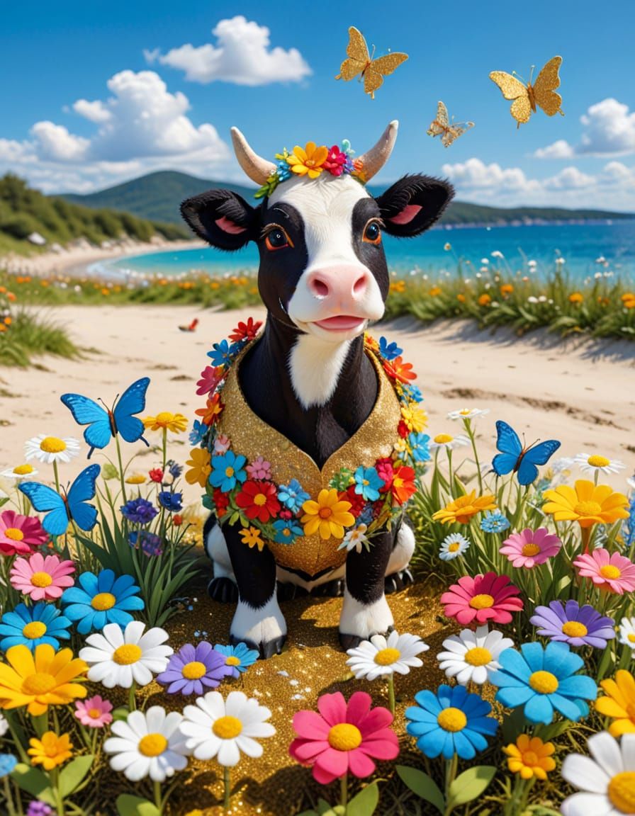 Felt Art Cow on Beach Holiday with Butterflies and Duck