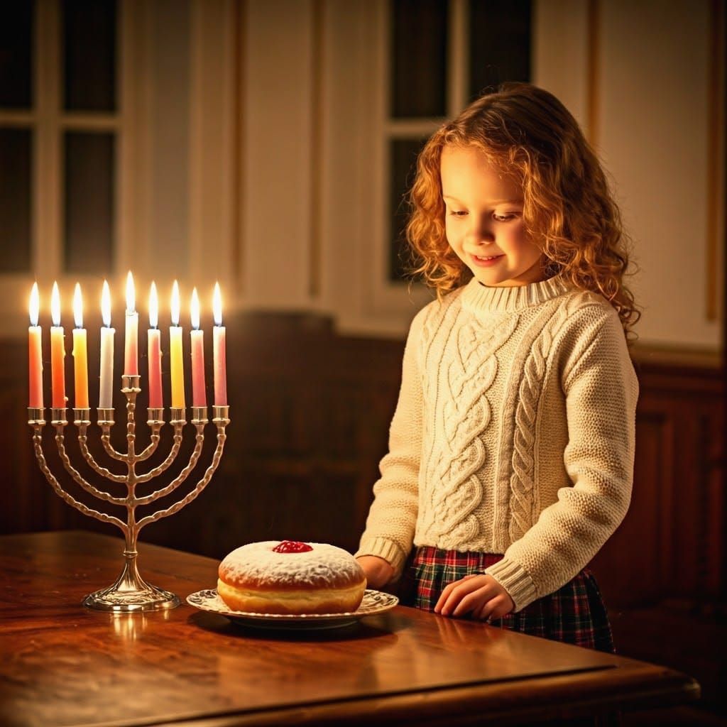 Girl with Sufganiyah and Menorah in Cozy Room