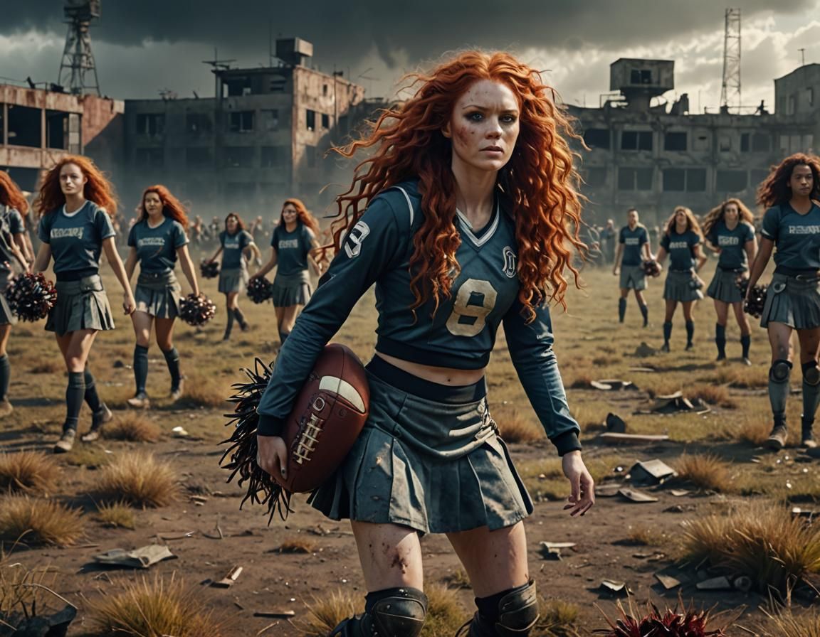 Post-Apocalyptic Cheerleader in Ruined Football Field