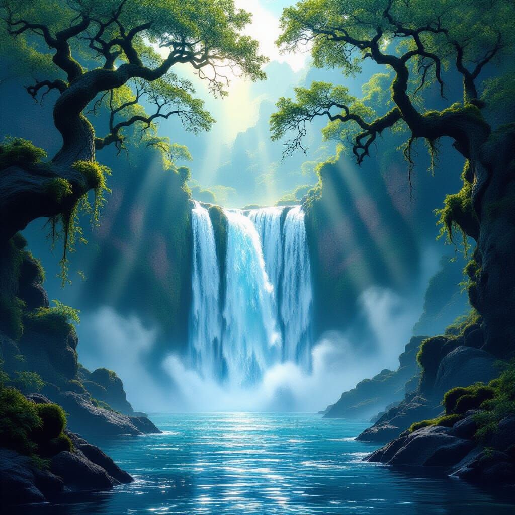 Realistic Waterfall Into Infinite Abyss with Ethereal Light