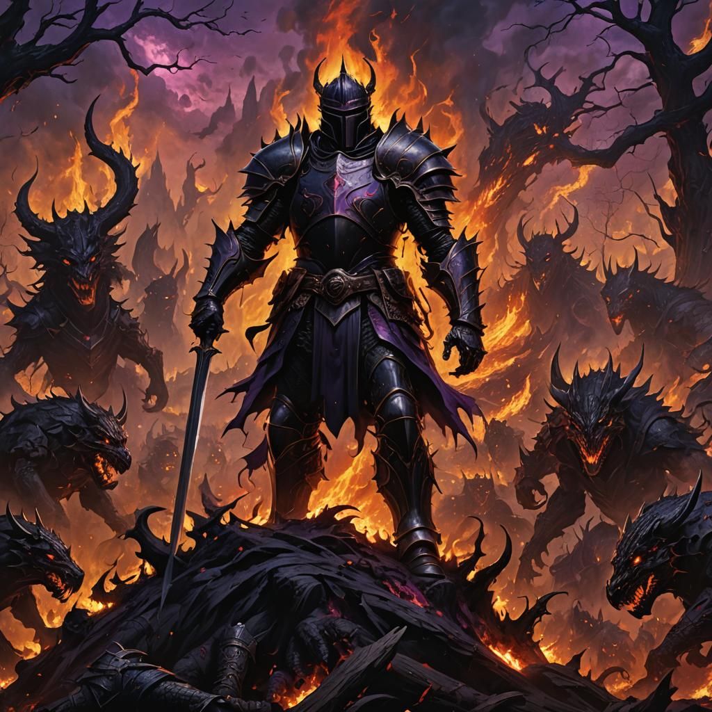 Black Knight in Hellish Landscape, Dark Fantasy Art
