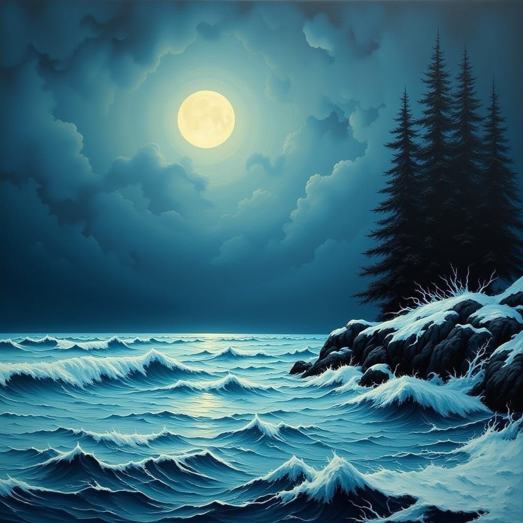 Dreamy Winter Seascape with Moonlit Waves