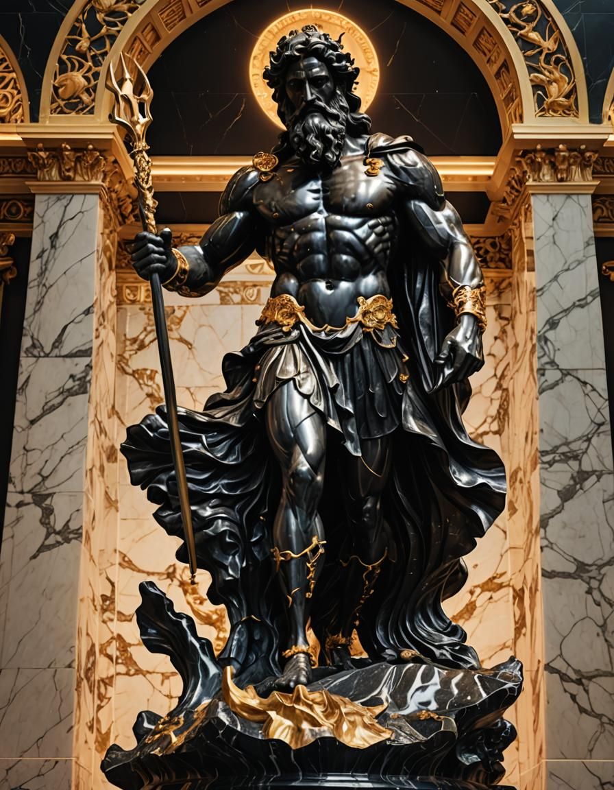 Poseidon Statue in Veined Black Marble