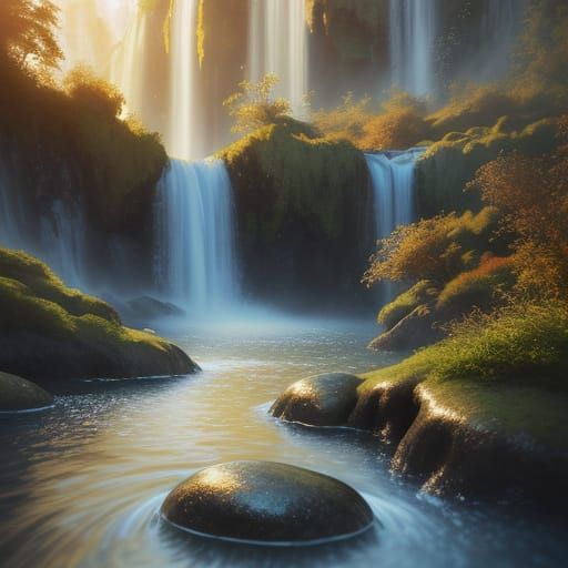 Surreal Glass Ball Waterfall in Vibrant Oil Style