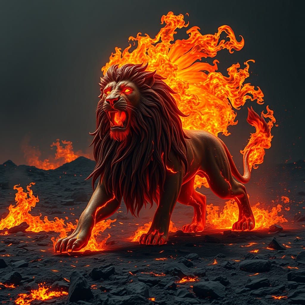 Magma Lion Devouring the Ashen Expanse in Hyper-Realistic, 8...