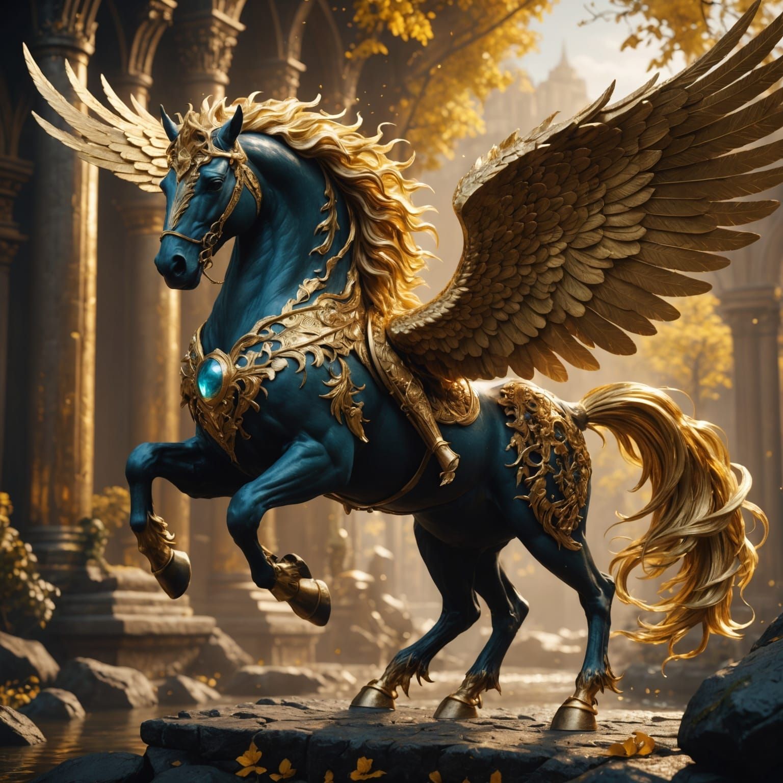 Golden Pegasus in Flight: Detailed Fantasy Art