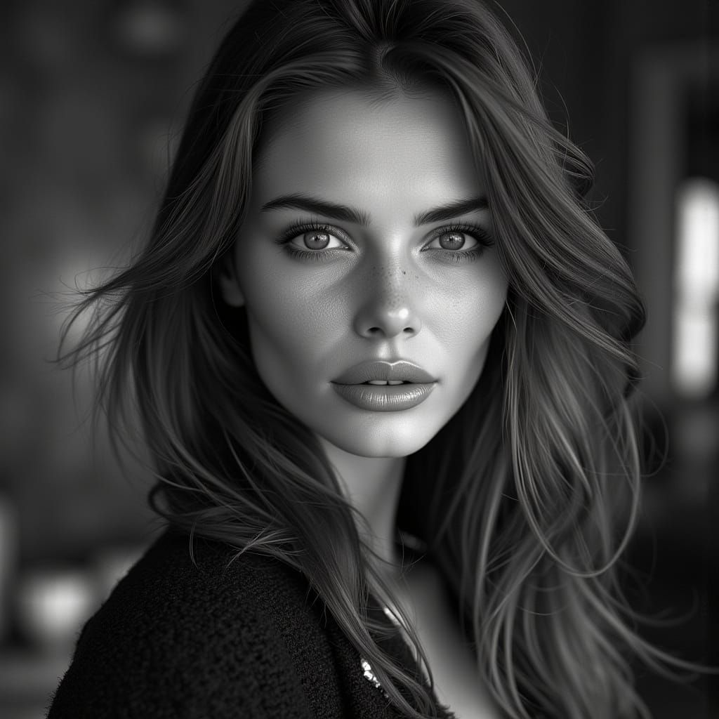 Heidi Klum Photorealistic Portrait in Black and White Style