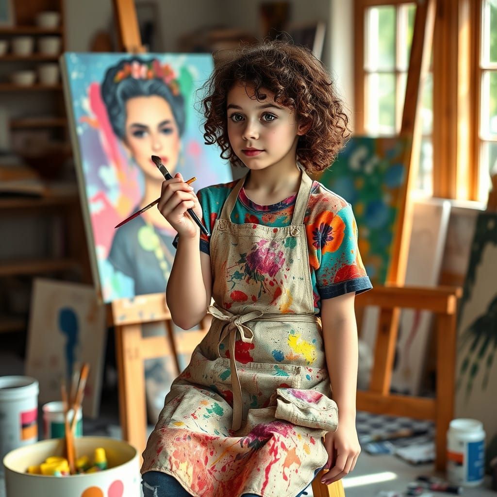 Teenage Girl Lost in Thought as She Paints a Self-Portrait