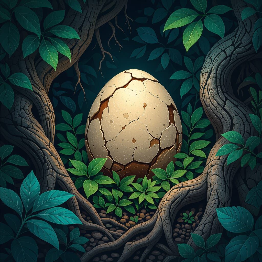 Unhatched Dinosaur Egg in Lush Foliage