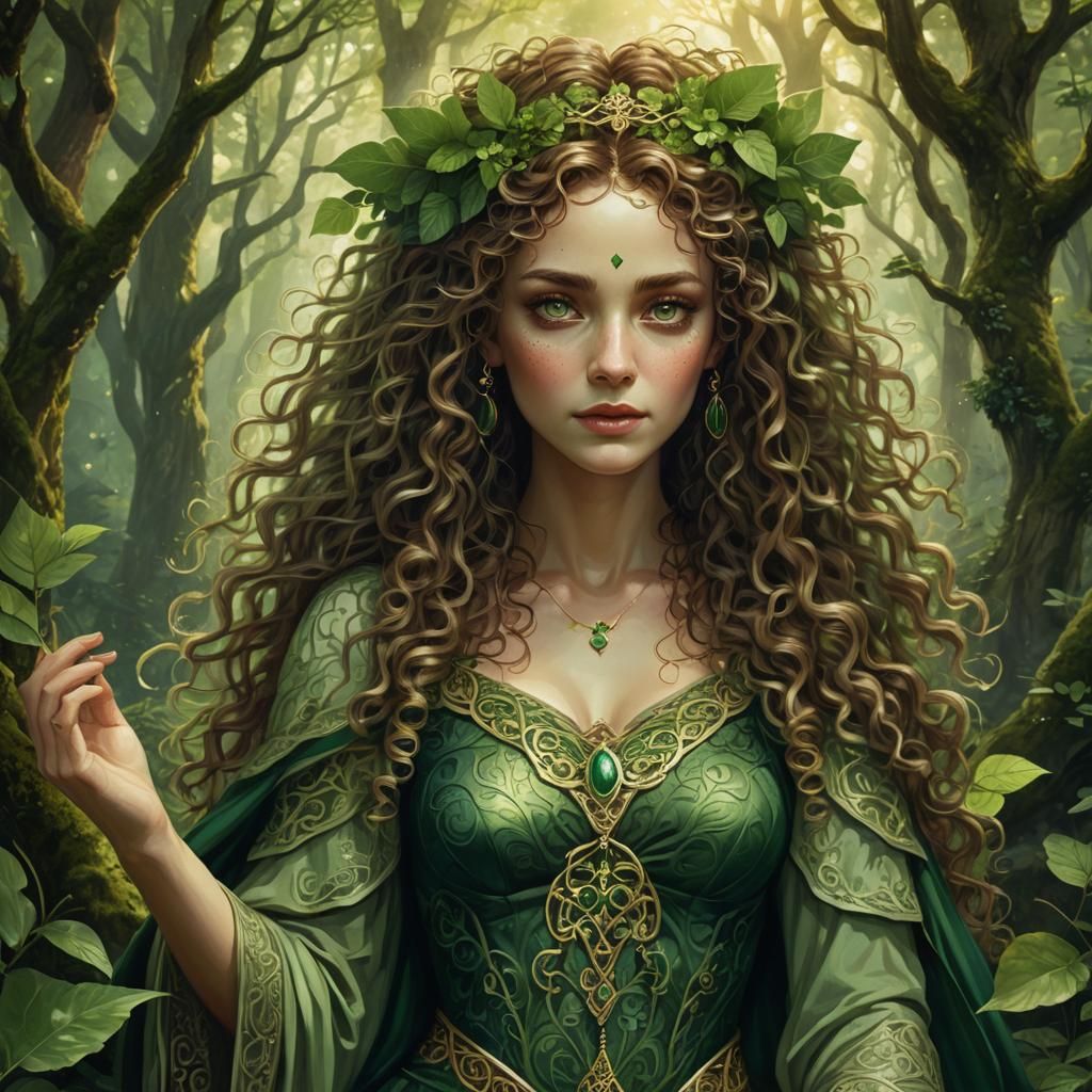 Celtic Nymph Portrait in Forest, Fantasy Art