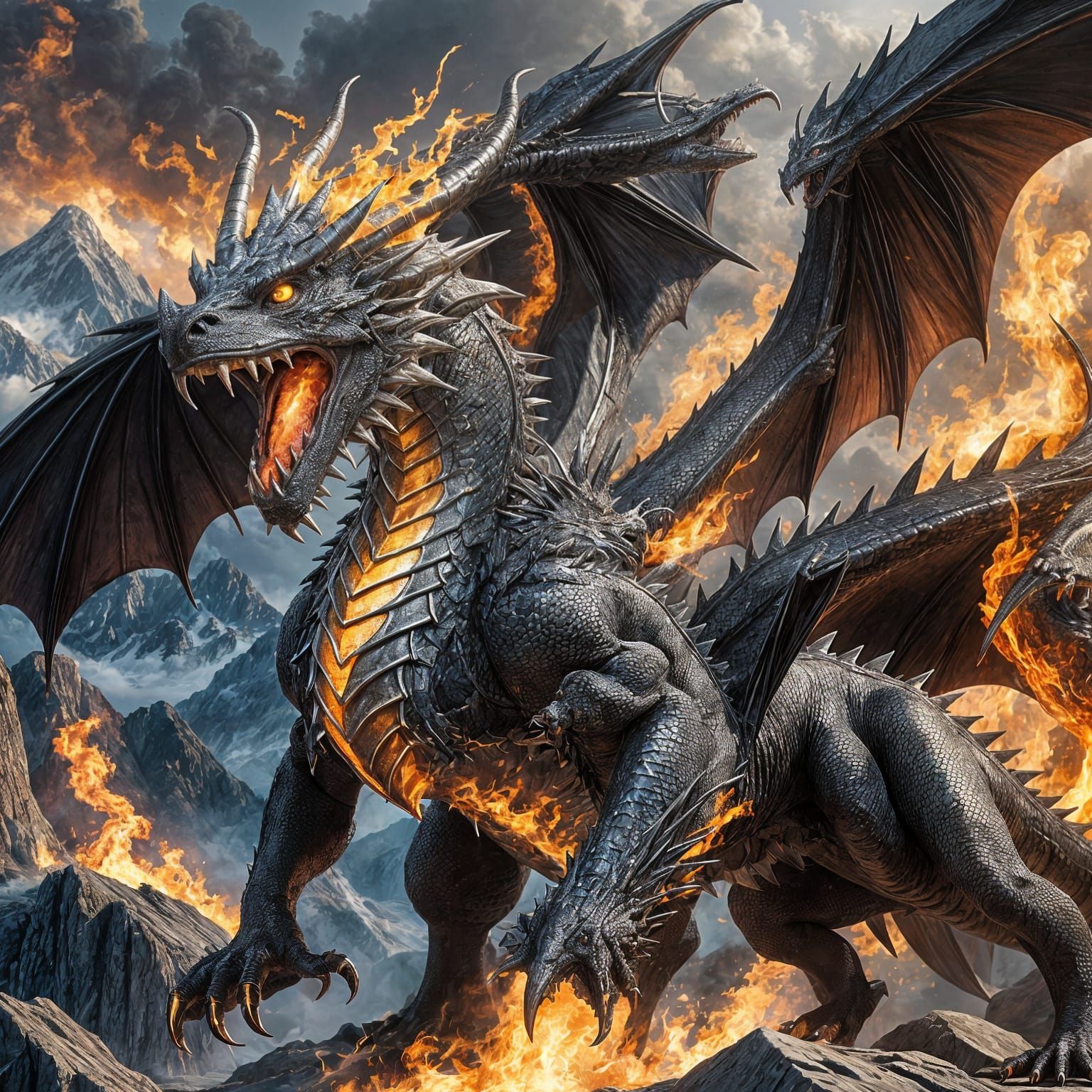 Flaming Silver and Black Dragon Artwork
