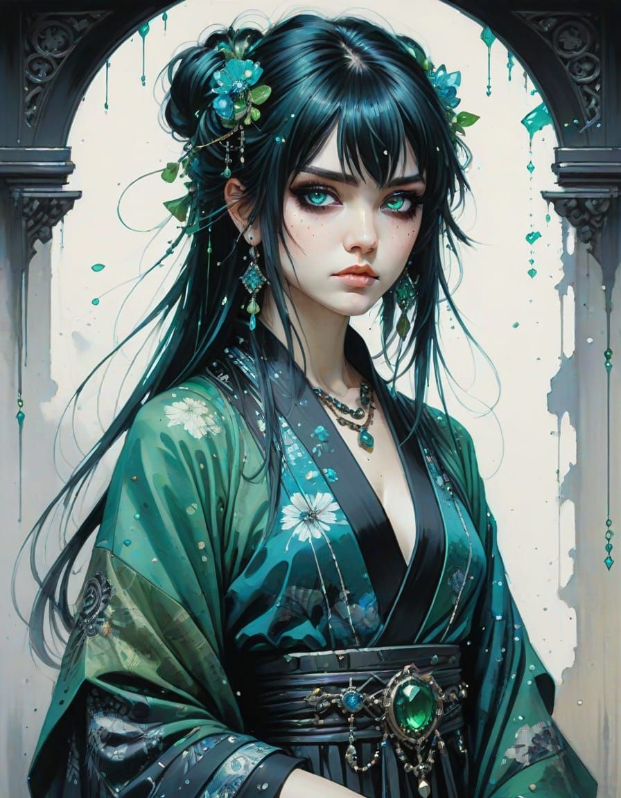 Ethereal Anime Goth Girl in Emerald Splendor