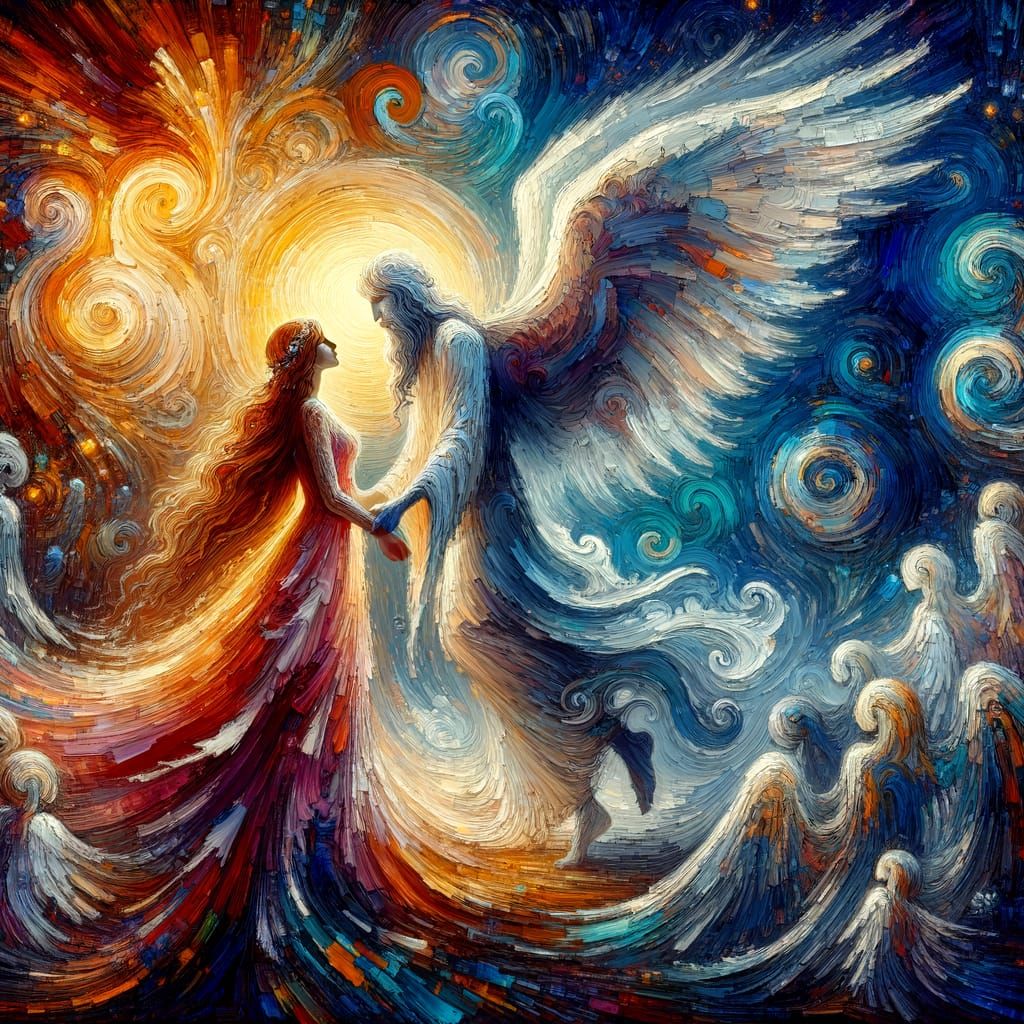Radiant Angel Embraces a Woman in Whimsical Impressionism