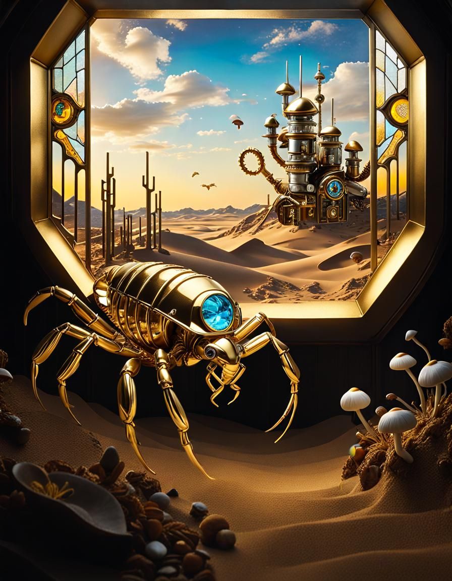 Steampunk Scorpion Robot in Desert Landscape