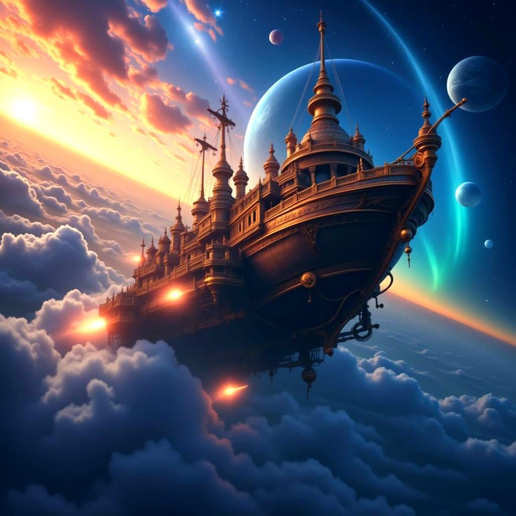 Majestic Steampunk Airship in Cosmic Ocean