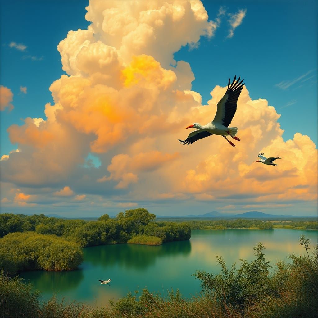 Storks Soaring Above Emerald Lake in Dreamy Landscape