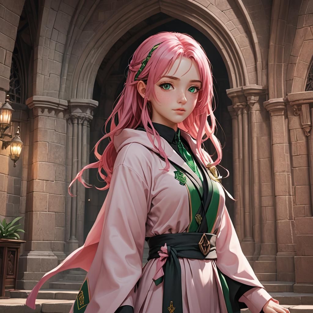 Anime Girl in Hogwarts Robes Posing for Camera