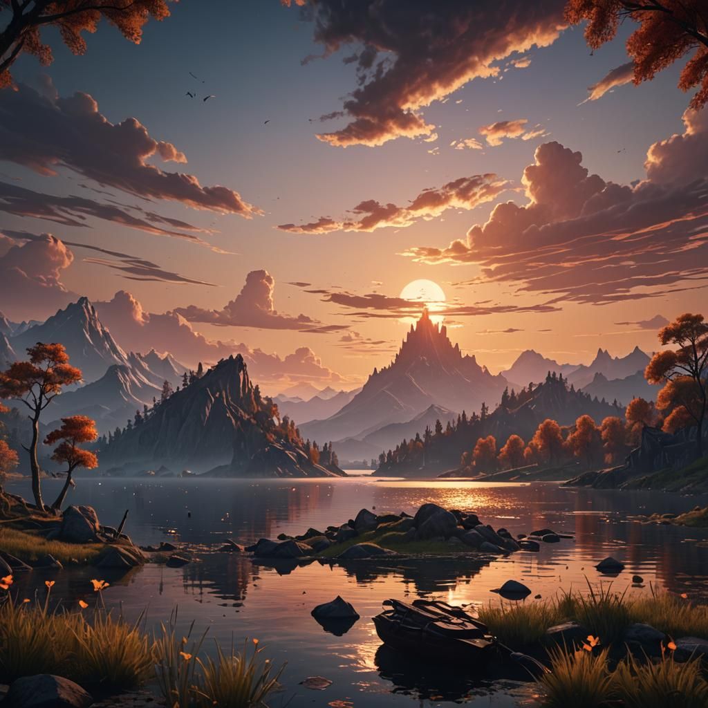 Lake Sunset: Detailed Fantasy Concept Art