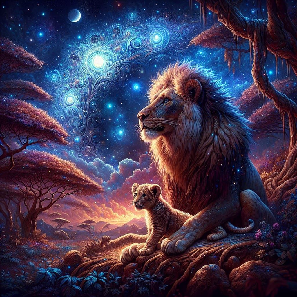 Baby Lion and Mother Under Starry Sky
