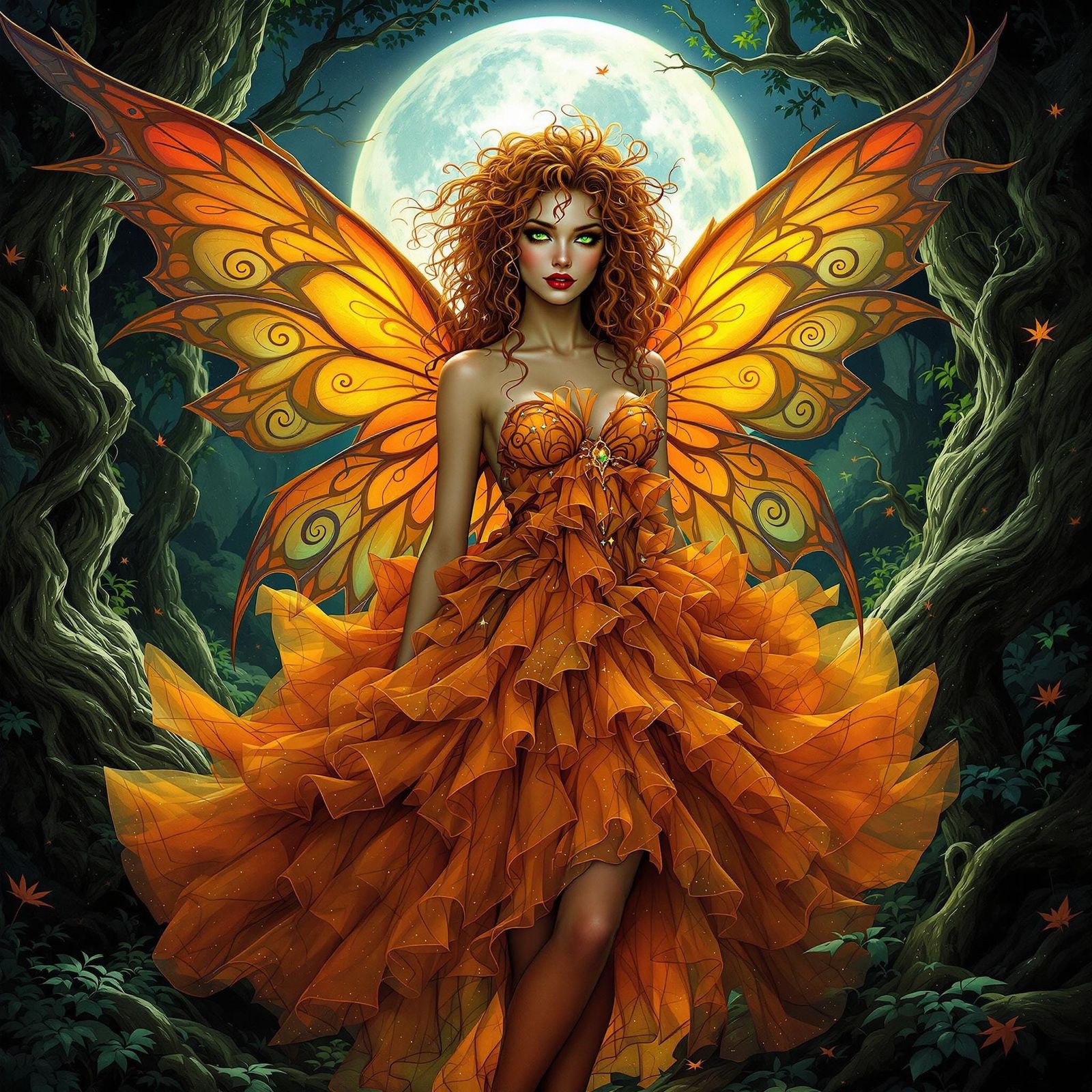 Enchanted Fairy Spirit in Vibrant Orange Ruffles