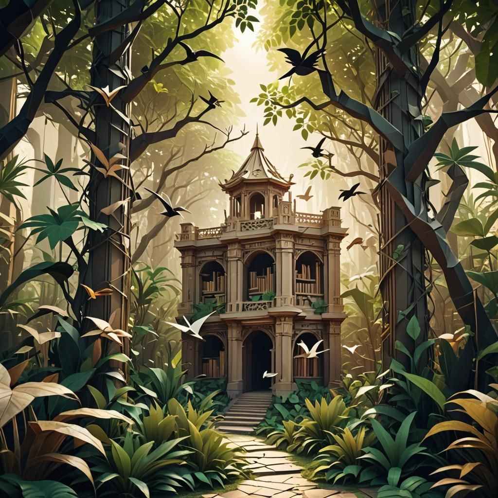 Ancient Jungle Library with Papercraft Origami Style