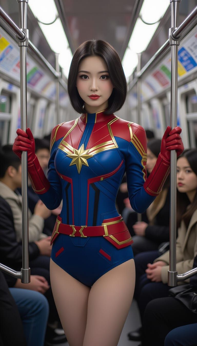 Anime-Inspired Woman in Captain Marvel Costume on Subway