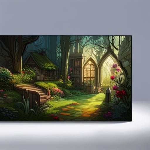 Surreal Mossy Cottage Amidst Vibrant Floral Paradise