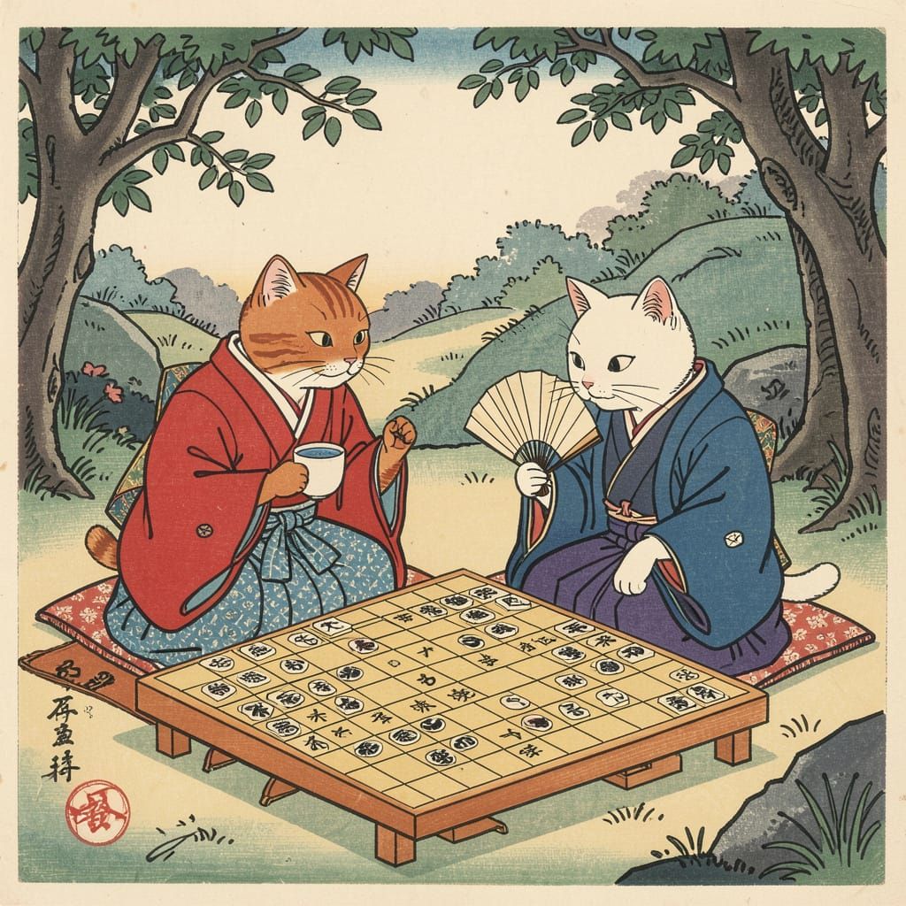 Cats Play Go in Japanese Garden Woodblock Print Style