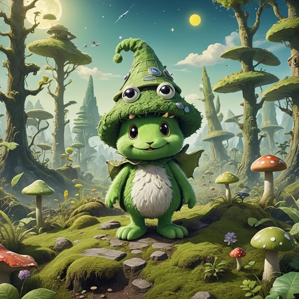 Cute Green Creature in Toadstool Forest, Detailed Alcohol In...