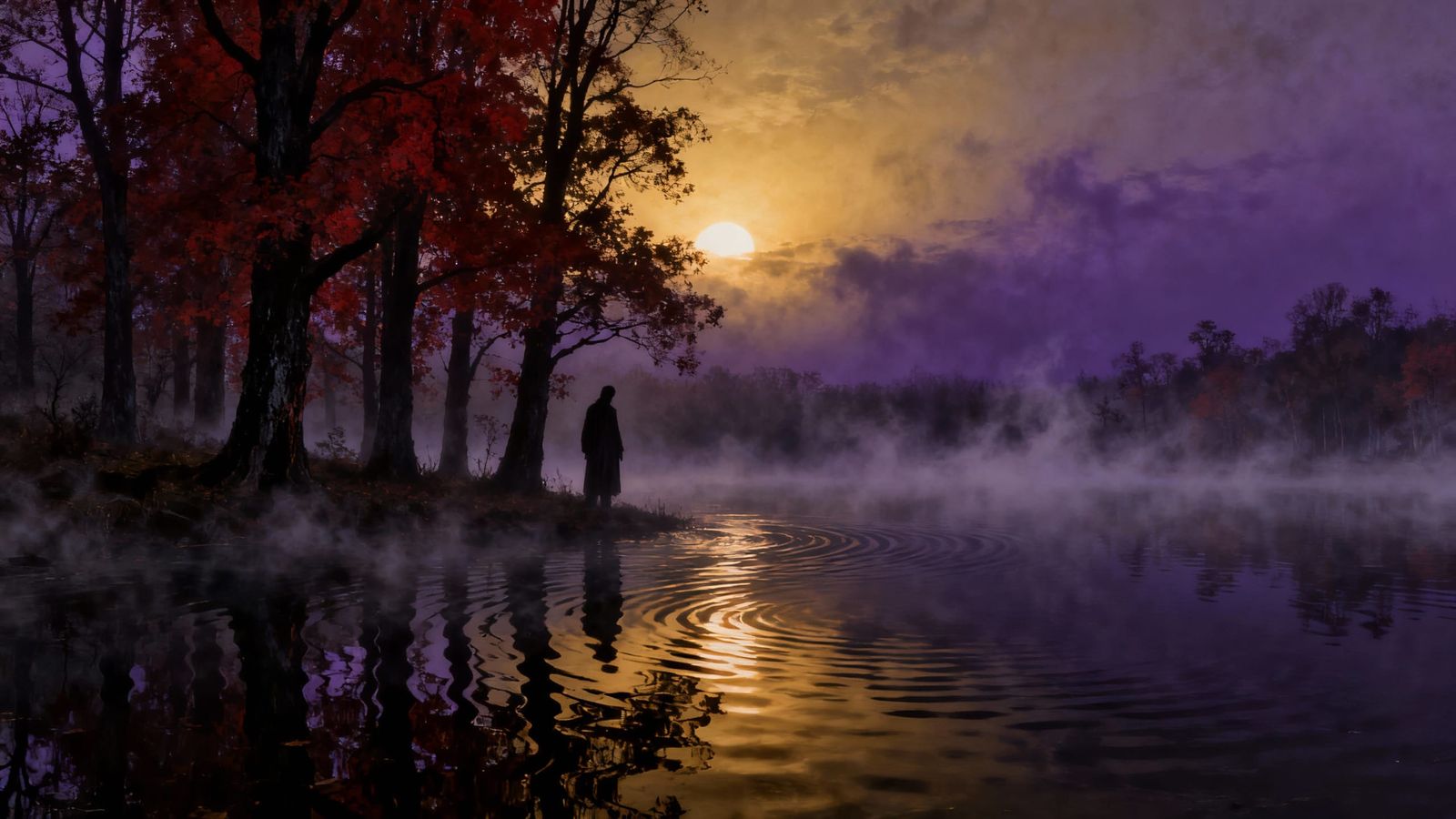 Mystical Figure in Foggy Autumn Twilight by Lonely Lake