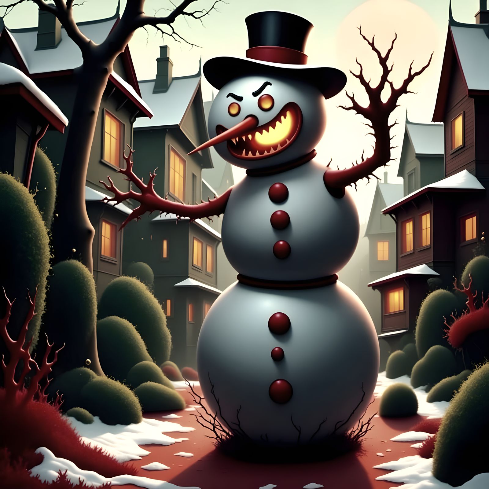 Cosmic Snowman Confrontation in Moonlit Neighborhood
