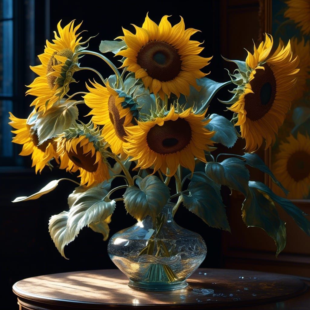 Van Gogh Sunflowers with Ice and Silver Splash Art