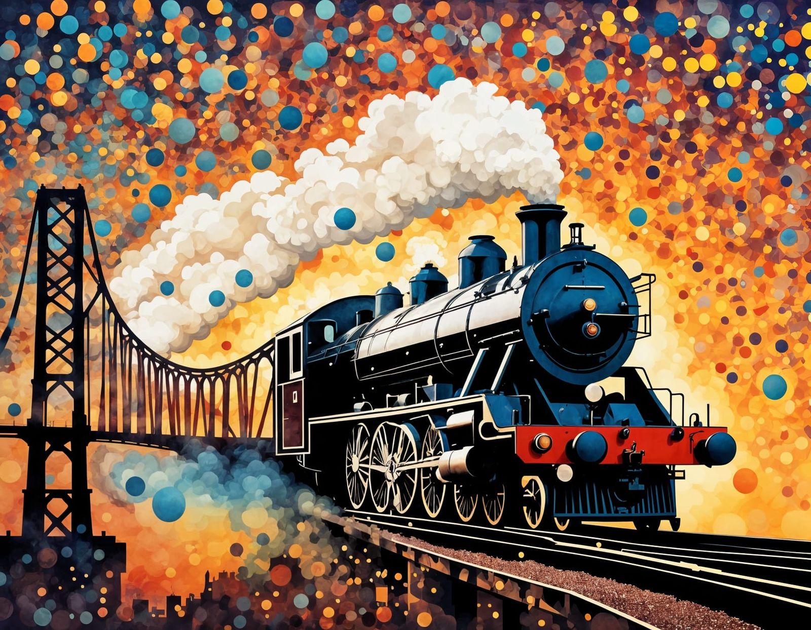Steam Train Billowing Smoke in Pointillism Mosaic Style