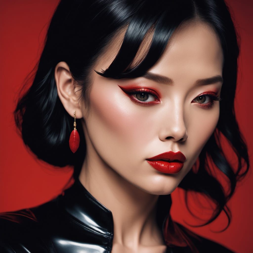 Chinese Woman With Vivid Red Lips in Cinematic Noir