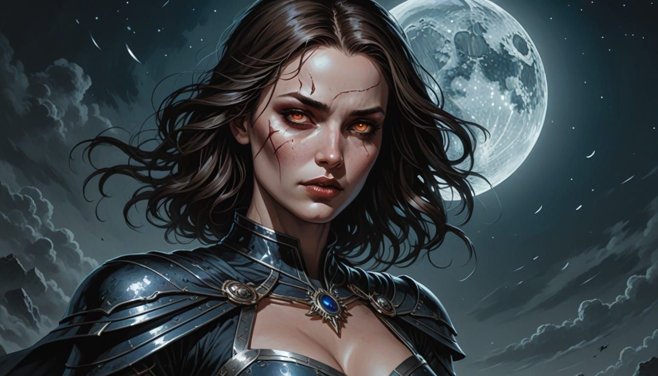 Heroic Warrior Maiden in Futuristic Grim-Dark Style