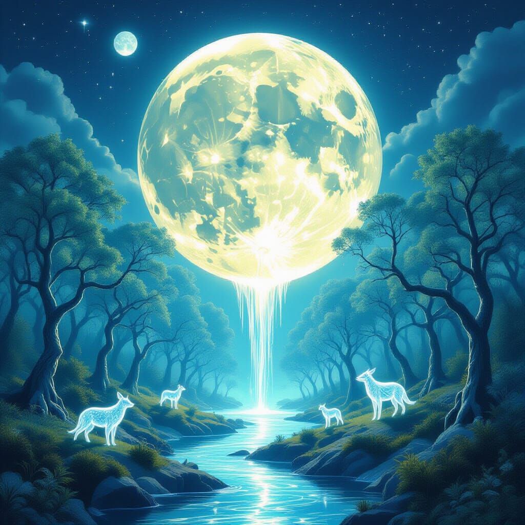 Surreal Dreamscape with Egg Moon and Light River